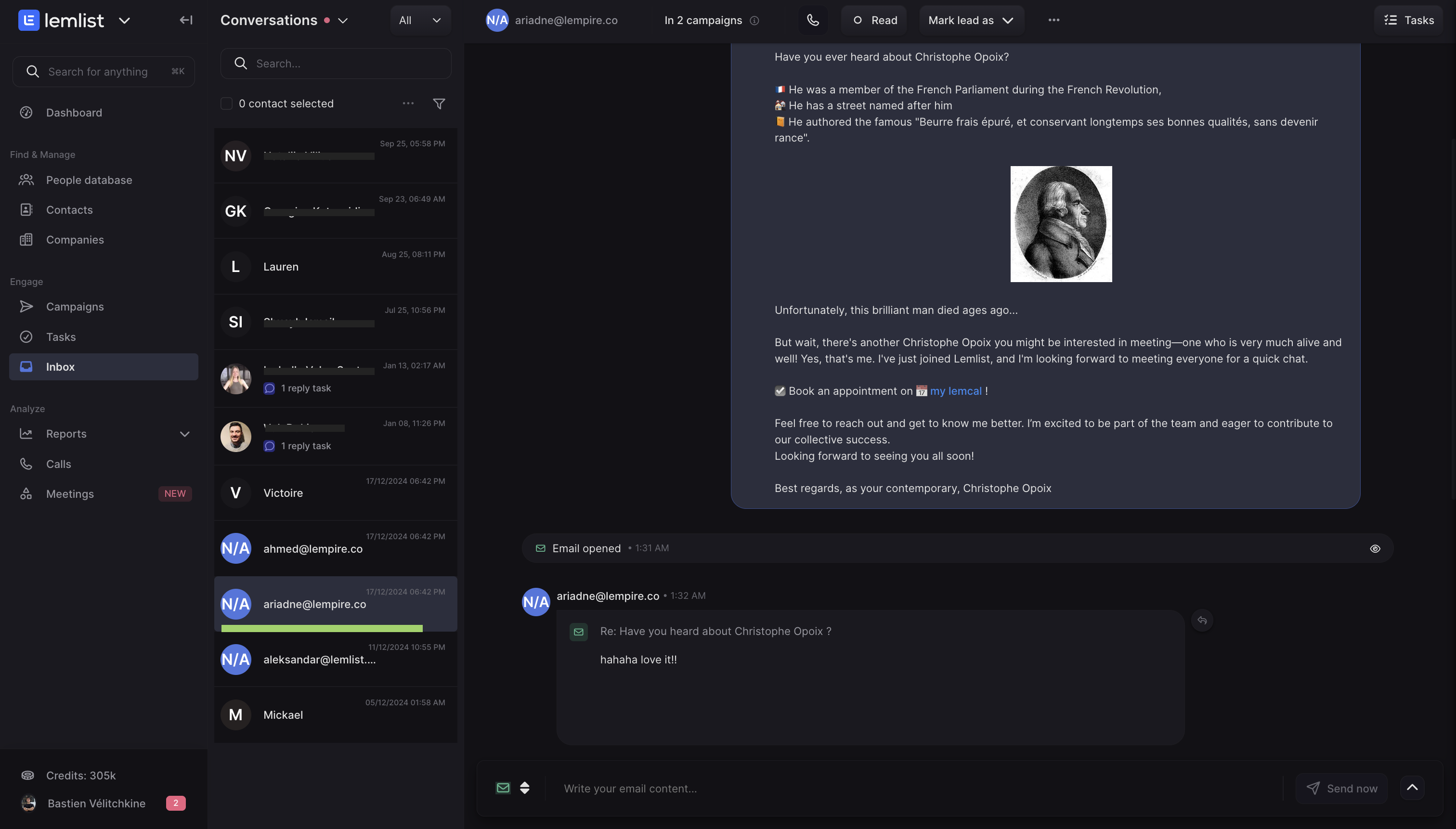 Contact screenshot from the lemlist app interface